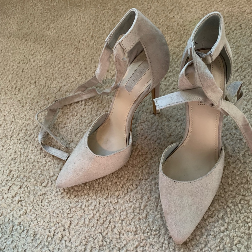 F21 Size US 6.5 Beige/Nude Suede tie up heels with a pointed toe